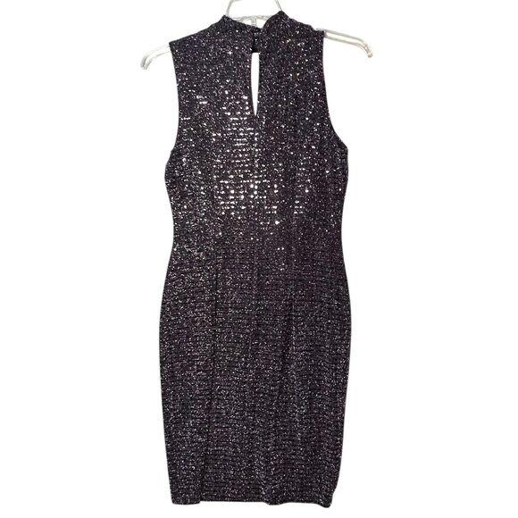 En Focus Studio Dress Womens 10 Black Silver Sequin Mock Neck Keyhole Cocktail - Picture 3 of 12